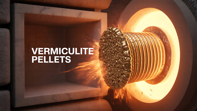 The vermiculite pellets are being heated in an industrial furnace.