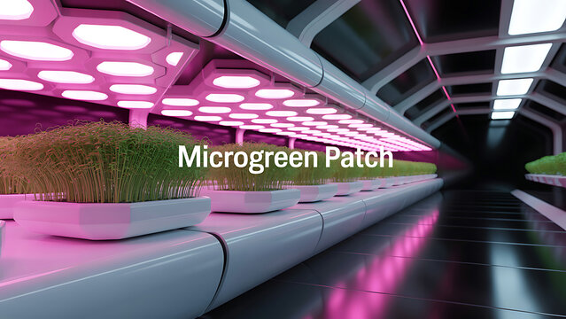Indoor microgreen farm with rows of plants growing under pink LED lights in a futuristic controlled environment agriculture facility