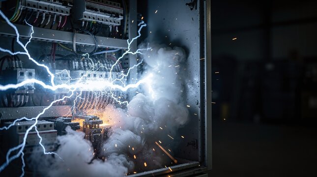 Dramatic Electrical Fault: Intense Power Surge and Arc Flash within Industrial Control Panel, with Bright Sparks, Smoke, and Blue Light Radiate from Short Circuit