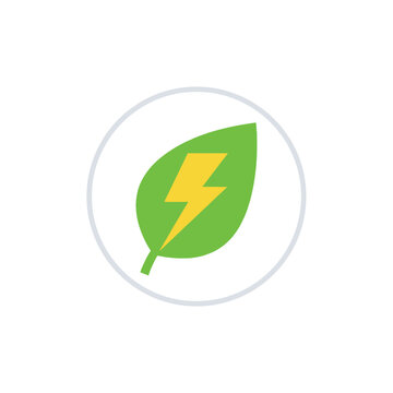 Green Energy Leaf Symbol, Plant Shape With Lightning Bolt Inside Circle, Modern Minimal, Icon Set, Flat Vector Icons, Sticker Pack