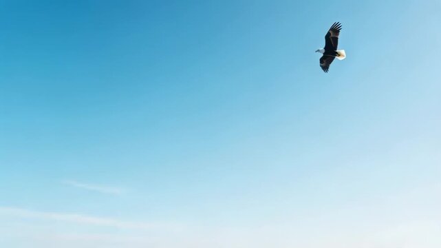 Soaring solo large raptor riding thermal updraft over clear blue sky with faint horizon, copy space