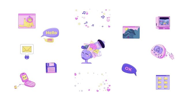 Assorted everyday Y2K 2D cartoon objects animation pack. Retro technology. Early 2000s internet. Daily animated flat colorful items 4K video collection isolated on transparent background