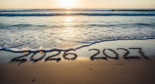 New Year 2027 Arrives as 2026 Fades on Sandy Beach Shoreline at Sunset.