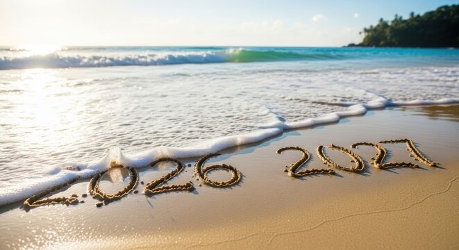 New Year 2027 Arrives on Tropical Beach as Waves Wash Away 2026.