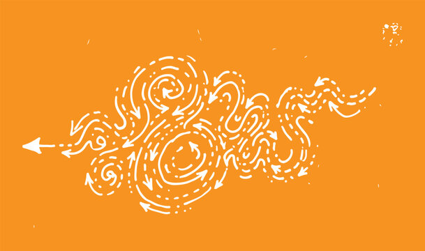 Chaos to clarity complex tangled arrow path simplification concept on orange background