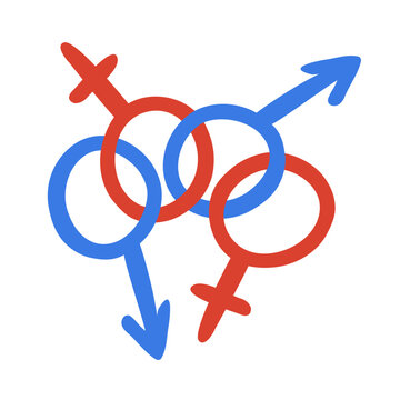 Hand-drawn polyamory gender symbols combined decorative intertwined venus mars elements bisexual identity relation sign love polyamorous nonmonogamy icon. Isolated. Vector illustration