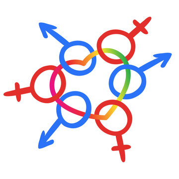 Hand-drawn polyamory gender symbols combined decorative intertwined venus mars elements bisexual identity relation sign love polyamorous nonmonogamy icon. Isolated. Vector illustration