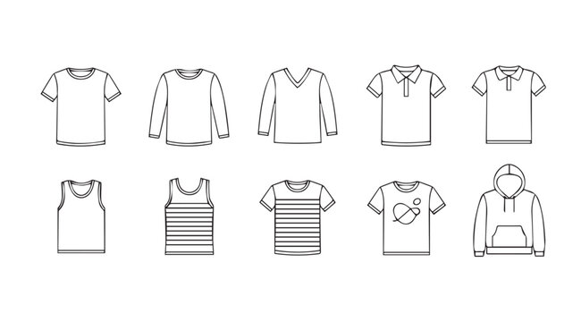 Collection of casual and athletic apparel styles on a white background