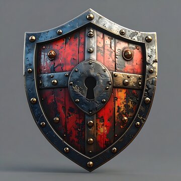 Vintage Metal Shield with Red Wooden Panel.