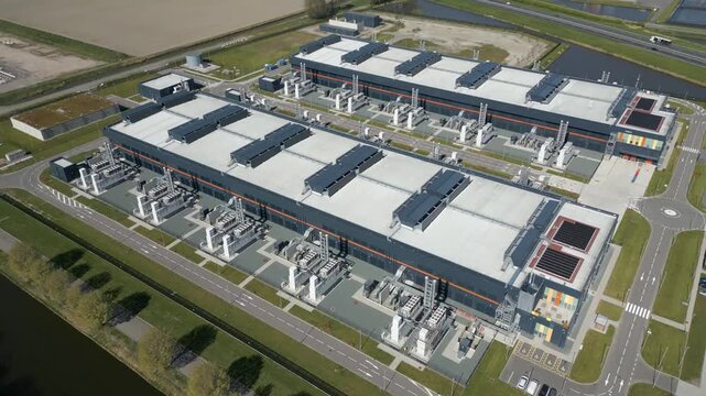 Detailed aerial footage showing cooling systems and industrial infrastructure at a hyperscale data center campus.