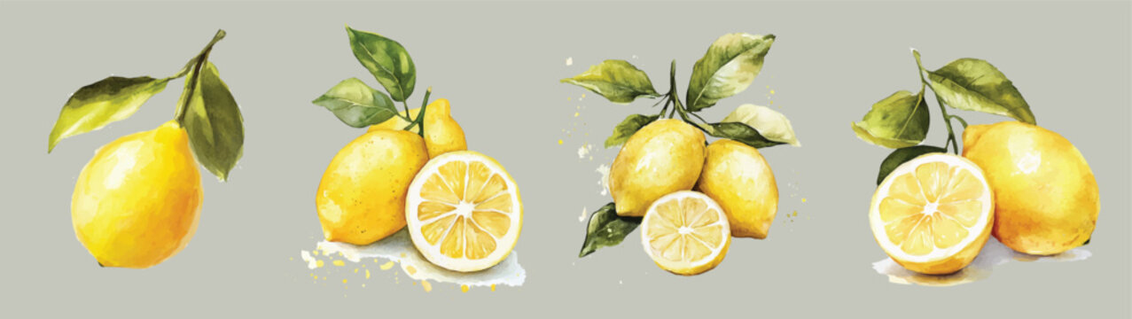 Design of a beautiful fresh lemon set painting. Hand-painted style, vectorized, vector set available in EPS Simple Hand-painted watercolor style. Hand-painted watercolor style, vectorized