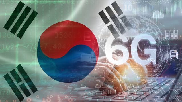 The growth of South Korea's 6G telecommunication market is demonstrated with the South Korean flag superimposed with a laptop keyboard, a glowing 6G network globe, digital data codes, and graphs