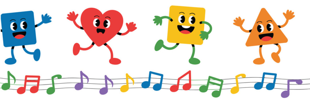 Cartoon geometric characters illustration, funny square heart triangle and rectangle mascots dancing with colorful music notes, cheerful kids education concept isolated on a clean white background for