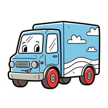 Cartoon delivery truck with smiling face and blue colors vector illustration