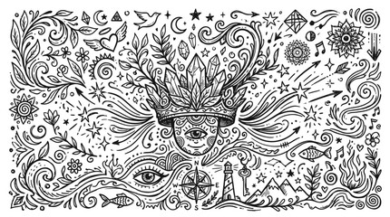 Mandala design features an intricate central mask surrounded by cosmic symbols and natural elements in a detailed illustration.