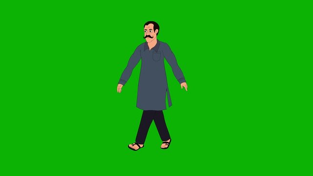 2D Animated Traditional Indian Man with Mustache Walking on Green Screen