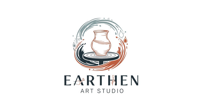 Artistic pottery studio logo featuring a detailed ceramic vase illustration
