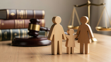 Plakat Wooden family figurines stand on a legal professional's desk next to a gavel, law books, and a scale of justice, symbolizing family law, rights, and courtroom proceedings