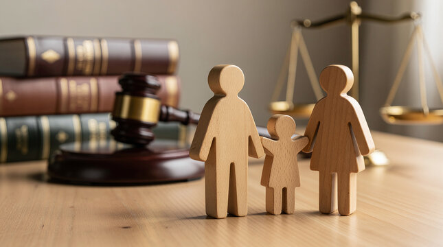 Wooden family figurines stand on a legal professional's desk next to a gavel, law books, and a scale of justice, symbolizing family law, rights, and courtroom proceedings