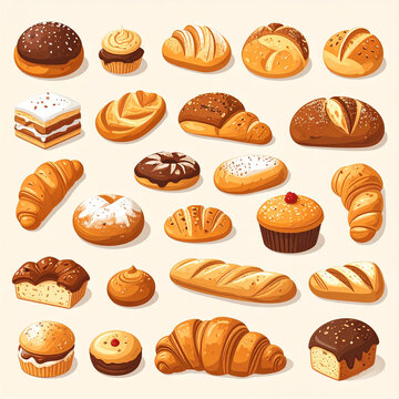 Assorted bakery pastries and breads on a seamless background