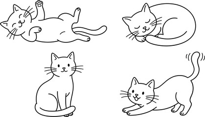 Naklejka premium Cute Minimalist Line Art Cat Collection Showing Different Poses Including Sleeping Sitting Stretching and Playing