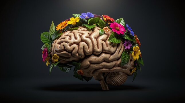 A detailed 3D rendering of a human brain adorned with a vibrant assortment of colorful blooming flowers and fresh green leaves, symbolizing creativity, growth, health, and holistic well-being on a dra