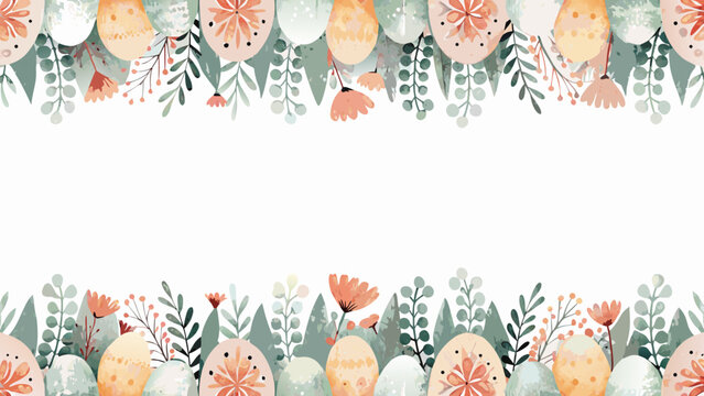 watercolor easter eggs and floral border on white background