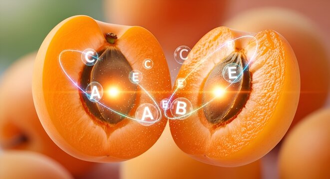 Fresh apricot halves with vitamin icons and glowing orbs representing nutrients