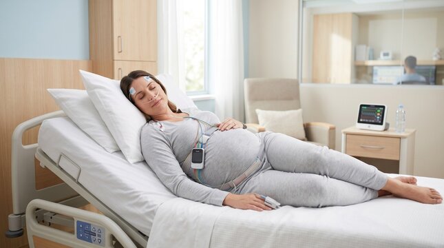 Pregnant woman undergoing polysomnography sleep study in hospital bed