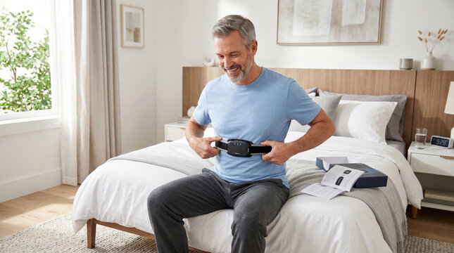 Senior man adjusting polysomnography device sitting on bedroom bed