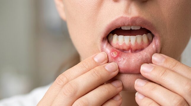 Oral aphthous ulcer, mouth sore, dental healthcare concept with close up of person showing painful mouth ulcer.