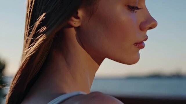 Young woman profile against sunset background. Beautiful model enjoys peaceful moment by water. Natural beauty shines in golden hour light. Serenity and calmness captured in stunning visuals.