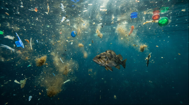 Underwater plastic pollution debris with fish and bubbles