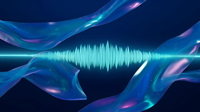 Abstract background with glasses refraction dispersion, blue wave light and glowing line on dark background, futuristic energy flow on dark blue background
