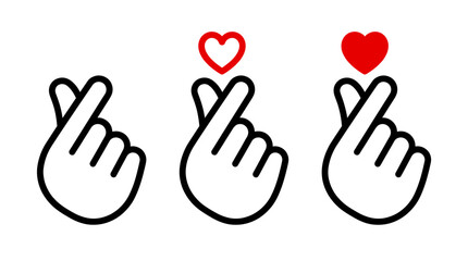 Fototapeta premium Korean Finger Heart Hand Gesture Icon Set with Cute Mini Love Hearts Line Art K-Pop Romantic Body Language Symbols Vector Illustration