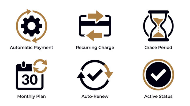 Subscription Billing and Automatic Payment Management Icon Set with Recurring Charge, Grace Period, Monthly Plan, Auto Renew, and Active Status Black and Gold Flat Vector Illustration