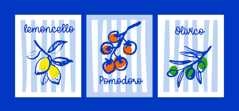 Vintage summer Italian Mediterranean coastal banner set. Hand drawn crayon vector illustration. Amalfi sketch vacation design. Lemon, tomato, olive.