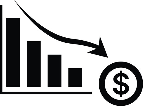 Black bar graph showing decline towards dollar coin downward trend arrow dollar sign