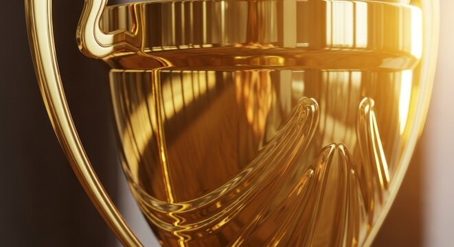 Gros plan sur une coupe troph&eacute;e dor&eacute;e et brillante refl&eacute;tant la lumi&egrave;re et la forme