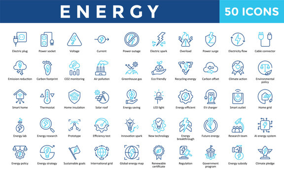 Energy icons set with electric plug, power socket, voltage, regulation, global energy map icon. Simple outline color vector. Editable stroke. 
