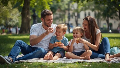 Fototapeta premium There is a man and woman sitting on a blanket with two children eating pizza