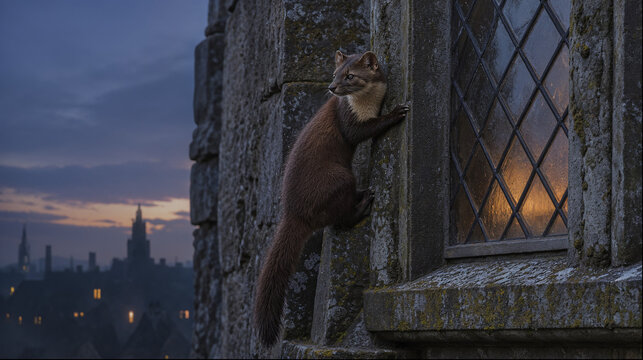 European pine marten on stone window ledge of old building at dusk