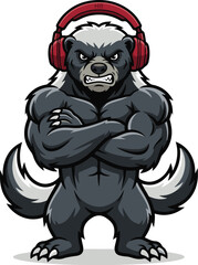Naklejka premium Honey badger cartoon mascot. Tough animal character wearing red headphones. Muscular honey badger illustration. Aggressive animal mascot for gaming and sports. Fearless honey badger vector icon. 