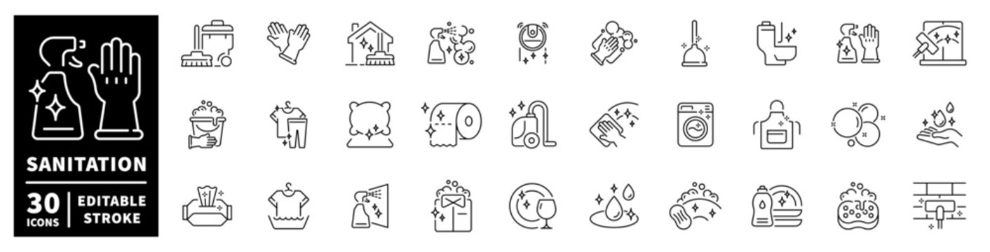 Set of cleaning and sanitation icons for hygiene and household chores