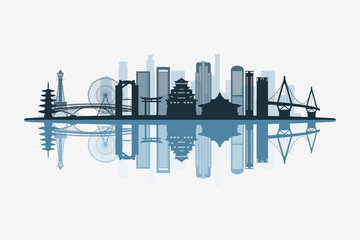 Fototapeta premium Osaka, Japan skyline silhouette with modern landmarks reflection on white background in minimalist style.