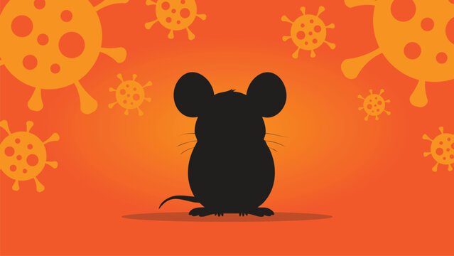 Minimalist orange virus background with black mouse silhouette and floating pathogen icons for healthcare and epidemic themes.