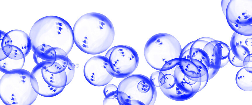 Floating blue bubbles on white background, transparent soap spheres in motion, abstract water droplets and liquid orbs for fresh hygiene design