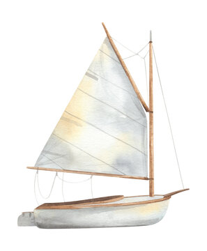 Watercolor illustration of sailing boat. Sloop. Hand-drawn yacht isolated on white background