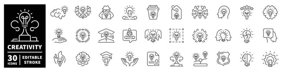 Collection of 30 editable stroke icons representing creativity and innovation concepts © Jocelyn_Flores