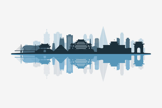 Pyongyang, North Korea skyline silhouette with modern landmarks reflection on white background in minimalist style.